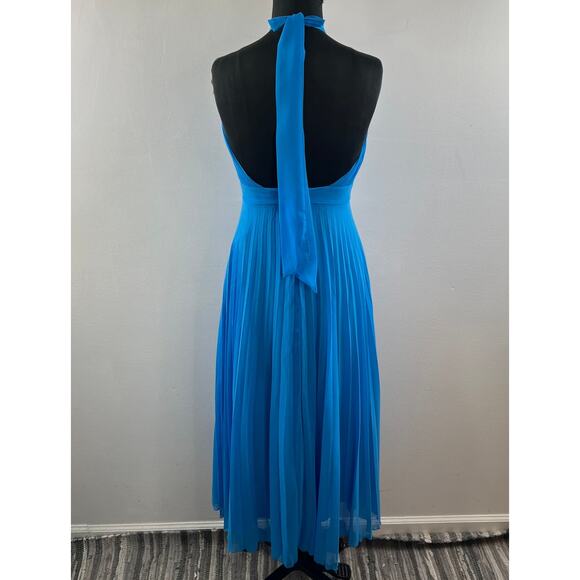 ZARA Camisole Halter Pleated Slip Dress Blue Cutout Sleeveless Midi Dress M NEW - Picture 8 of 12